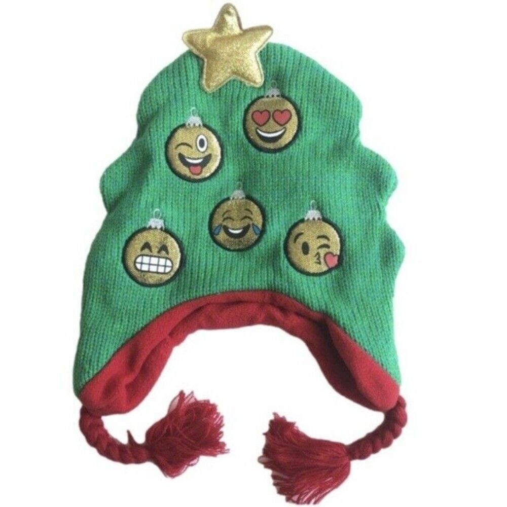 Emoji Christmas Tree Knit Hat With Star Topper Unisex Holiday Funny Decor